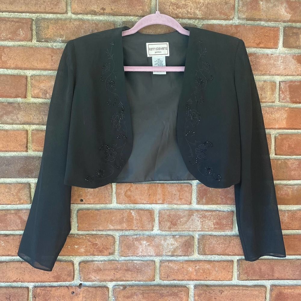 Karin Stevens Petites Embroidered Beaded Crop Jacket Blazer Black 10P